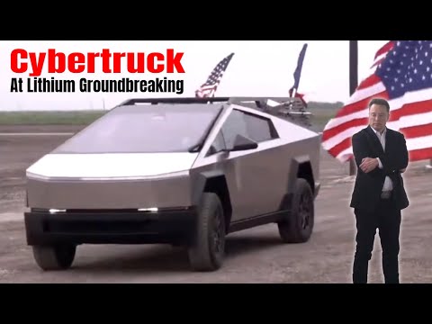 Elon Musk Drives a Tesla Cybertruck equipped with a tool rack to lithium groundbreaking in Texas
